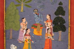 India, Madhya Pradesh, _Krishna playing the flute among the gopis while the demon Madhu sits on the riverbank_ (c.1690). Opaque watercolour on paper. 26 x 20.5 cm. Courtesy © Art Gallery New South Wales.